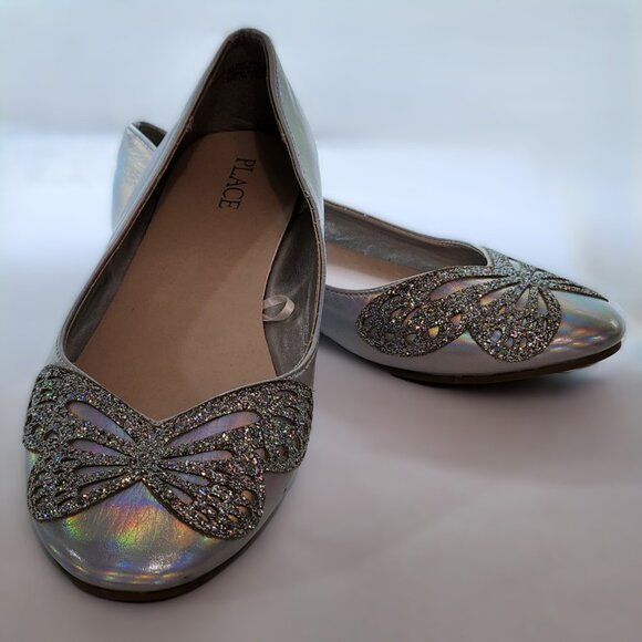 Ladies Silver & Opalescent Glitter Butterfly Flats - Picture 1 of 9
